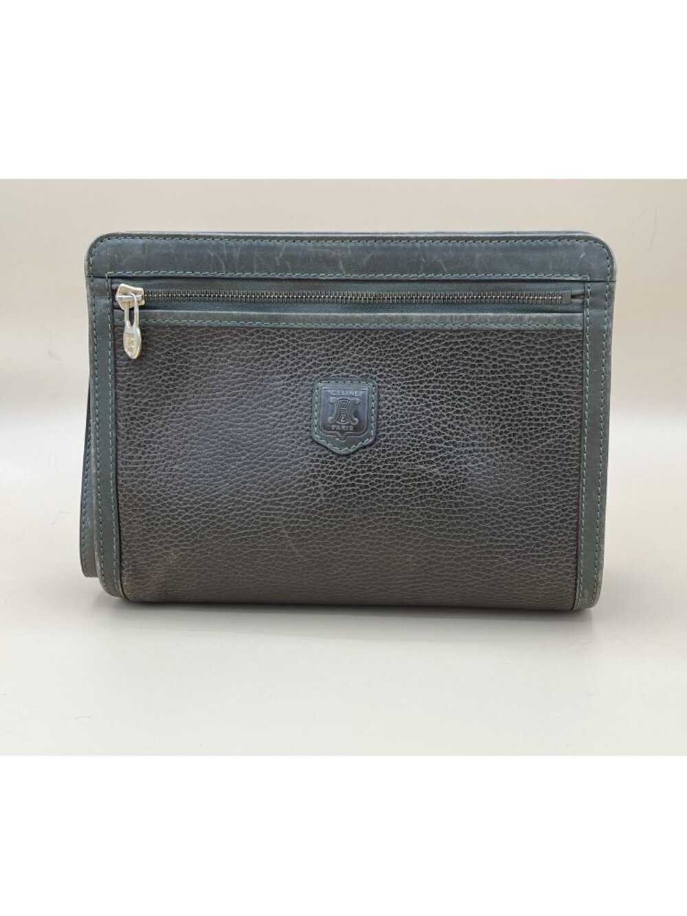 Vintage Celine Blason Pebbled Leather Clutch Trousse Wristlet Pouch Green Stitch
